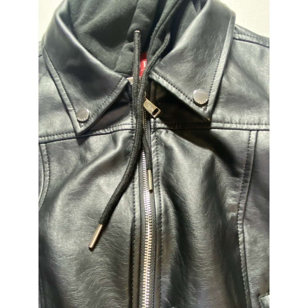 GUESS‎ Los Angeles Womens Faux Leather Moto Jacket Removable Hood Black Medium - Picture 3 of 16